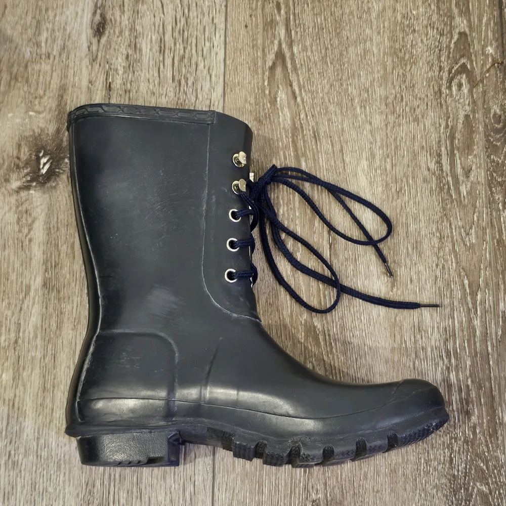 HUNTER Matte Navy Lace-Up Calf Rain Boots Festival Classic